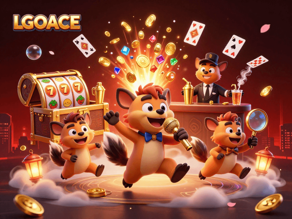 Experience LGOACE's vibrant casino scene with hyenas in dynamic roles amid colorful gaming elements.