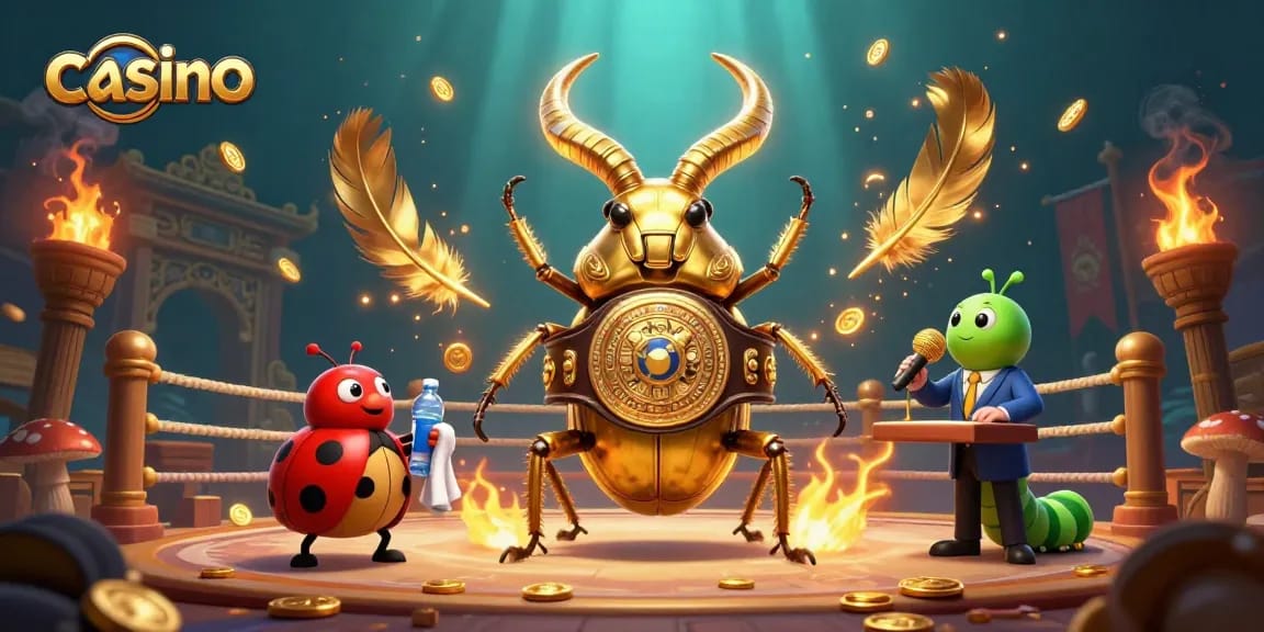 Experience exciting casino battles with a giant stag beetle champion and colorful characters.