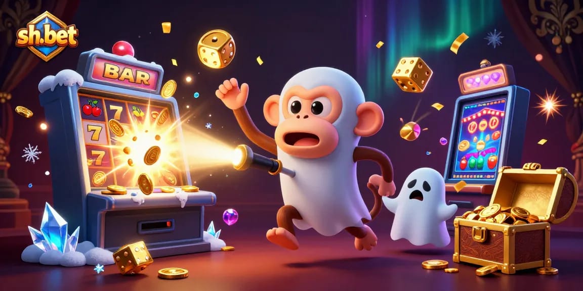 Experience the excitement of sh-bet with a vibrant 3D casino scene featuring a mischievous monkey and exciting games.