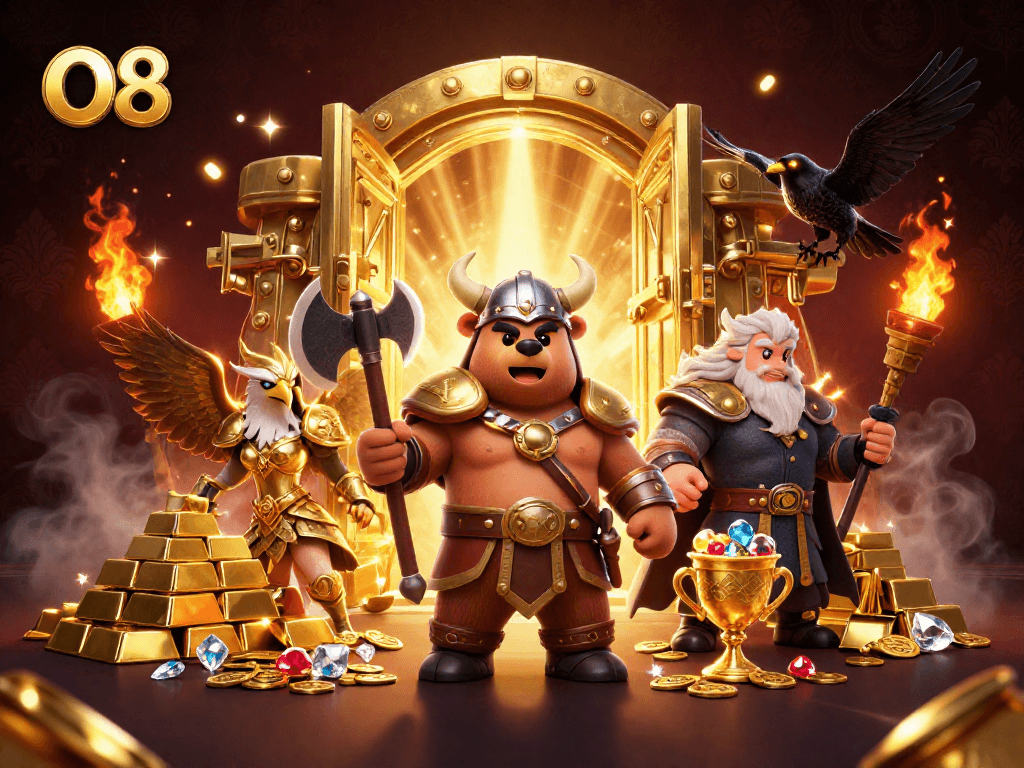 Engage with O8's thrilling gaming adventure, featuring golden treasures and epic characters in action.