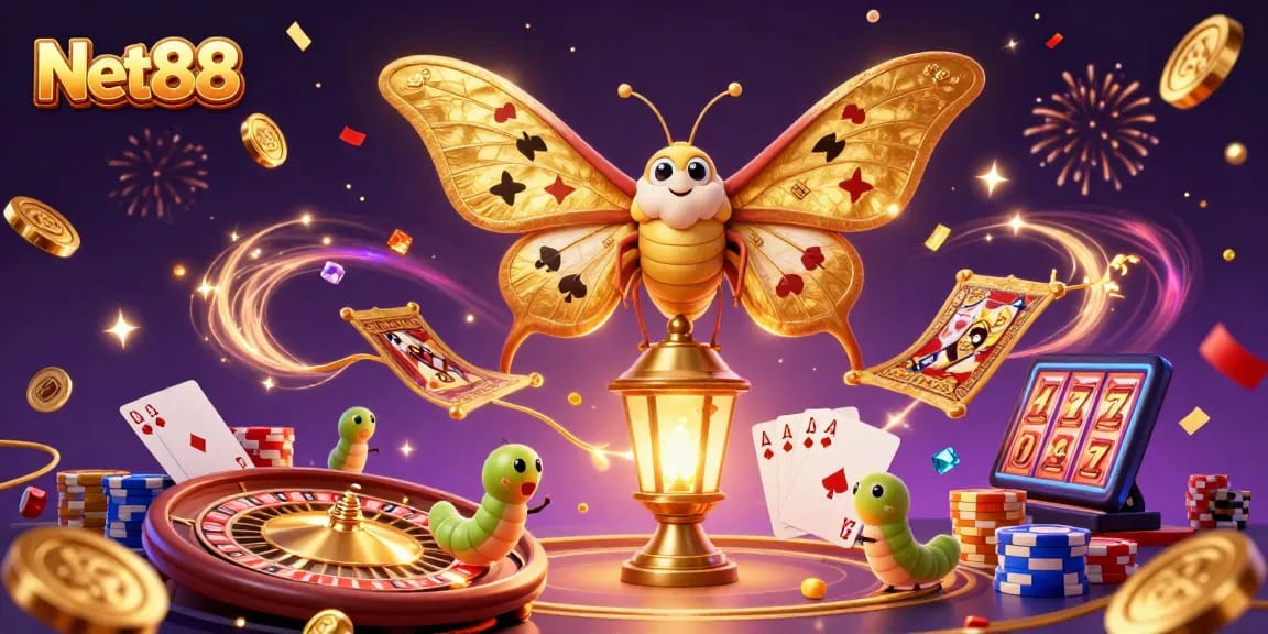 Experience Net88's thrilling casino atmosphere with vibrant elements, golden coins, and exciting gameplay.