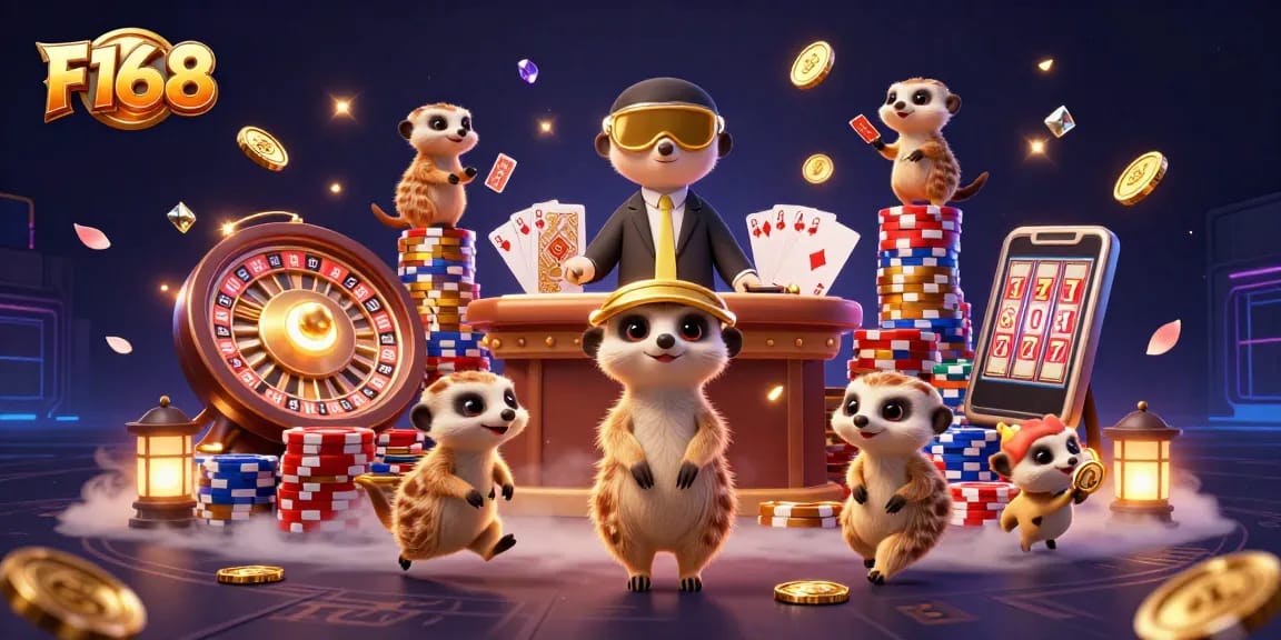 Experience the thrills of gambling at F168 with meerkats in a vibrant casino scene featuring dynamic gaming elements.