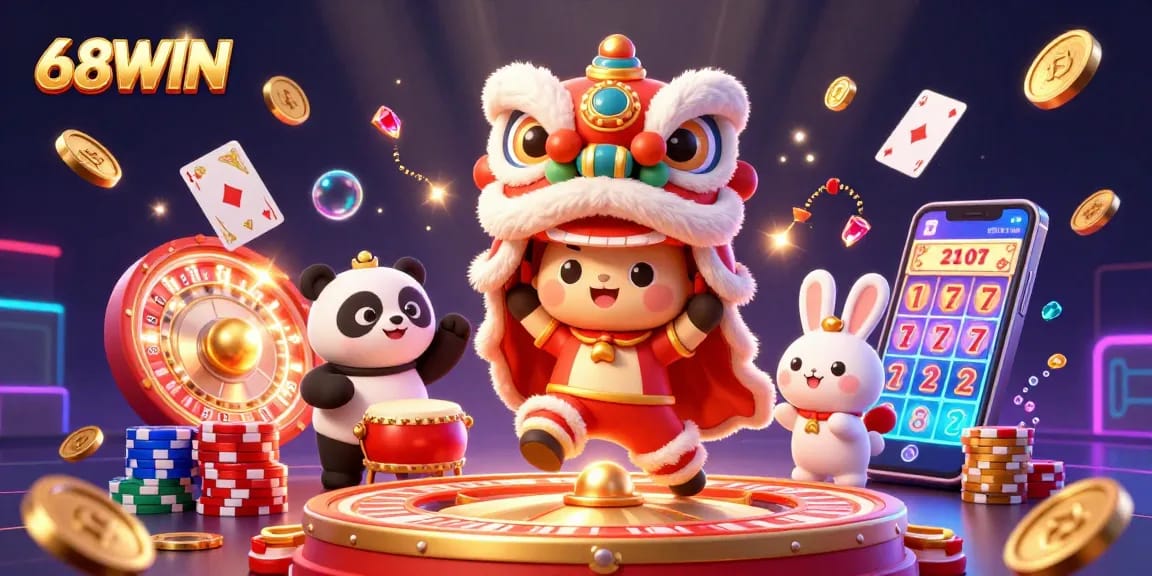 Experience thrilling casino adventure with 68WIN's vibrant characters, as they celebrate luck and fortune.