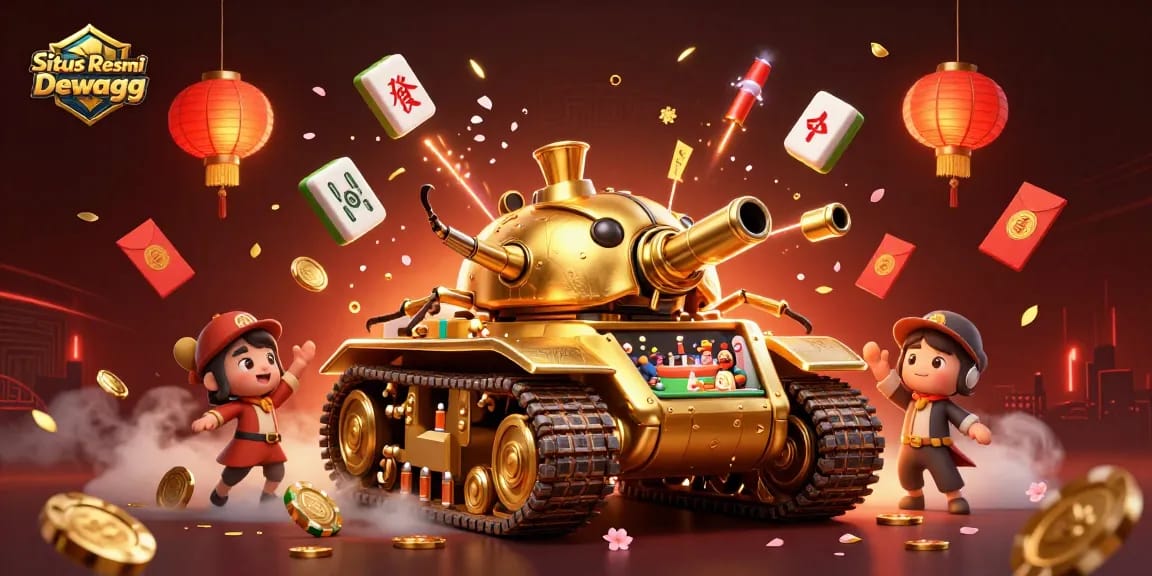 Situs Bola Resmi Dewagg showcases a vibrant and dynamic casino scene with golden beetle tank and festive elements.