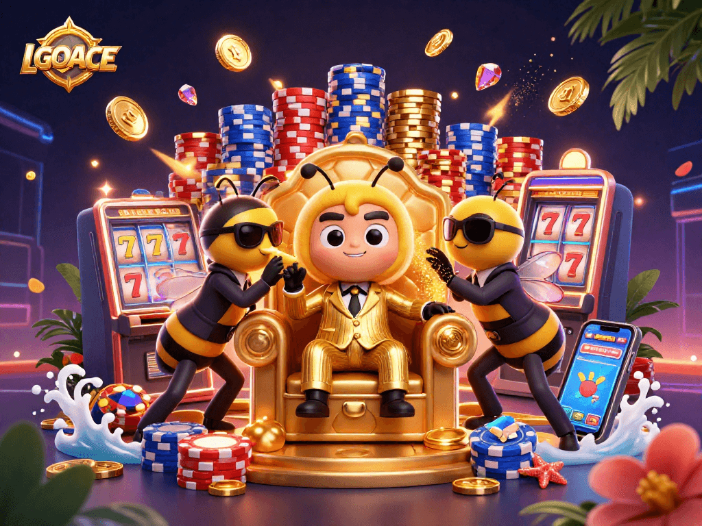 LGOACE's vibrant casino scene with jackpot slots and animated game elements captivating players