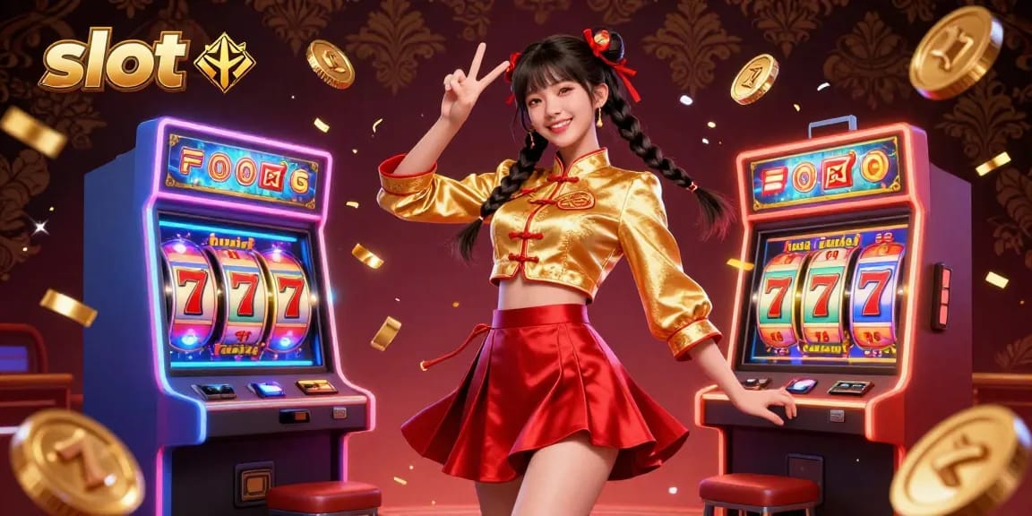 Spin vibrant slot machines with 3D elements and a joyful Asian woman making a peace sign.