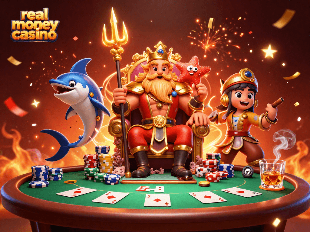 Engage in a vibrant real money casino atmosphere with Neptune and casino elements.