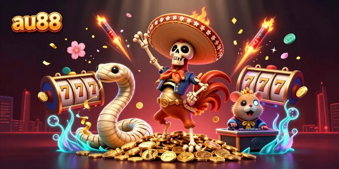 Engage with the exciting world of au88 as a cartoon skeleton mariachi dances joyfully among golden coins.
