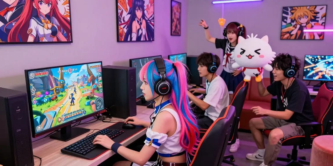 Engaging group playing hentai games in a vibrant gaming lounge