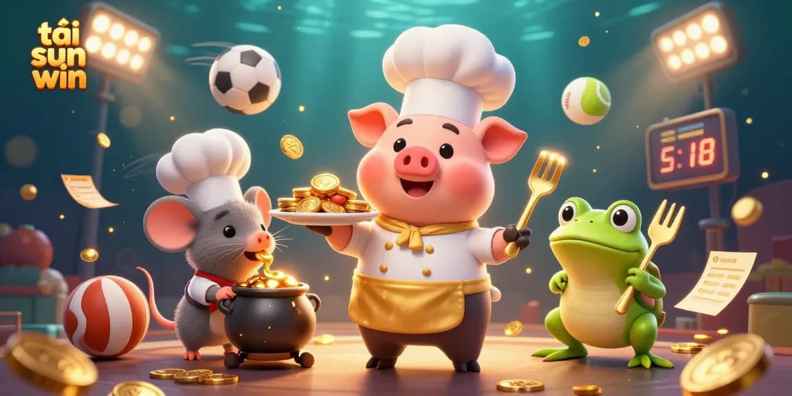 Experience the thrill of tải sun win with a vibrant 3D scene featuring a chef pig, sous-chef mouse, and food critic frog among dynamic sports elements.