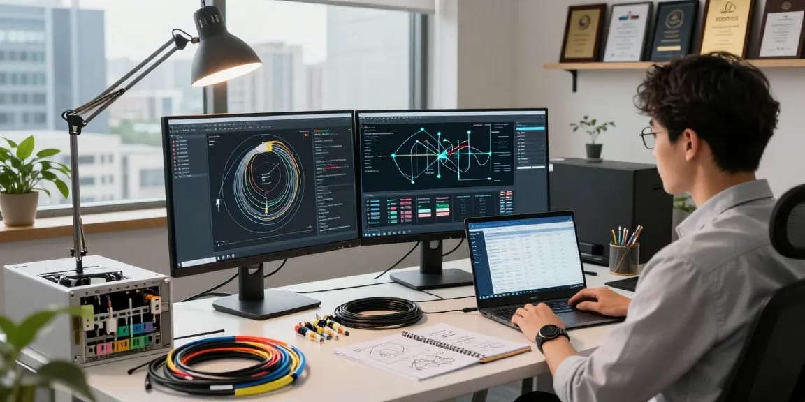 Professional engineer analyzing fiber cable schematic in a modern office