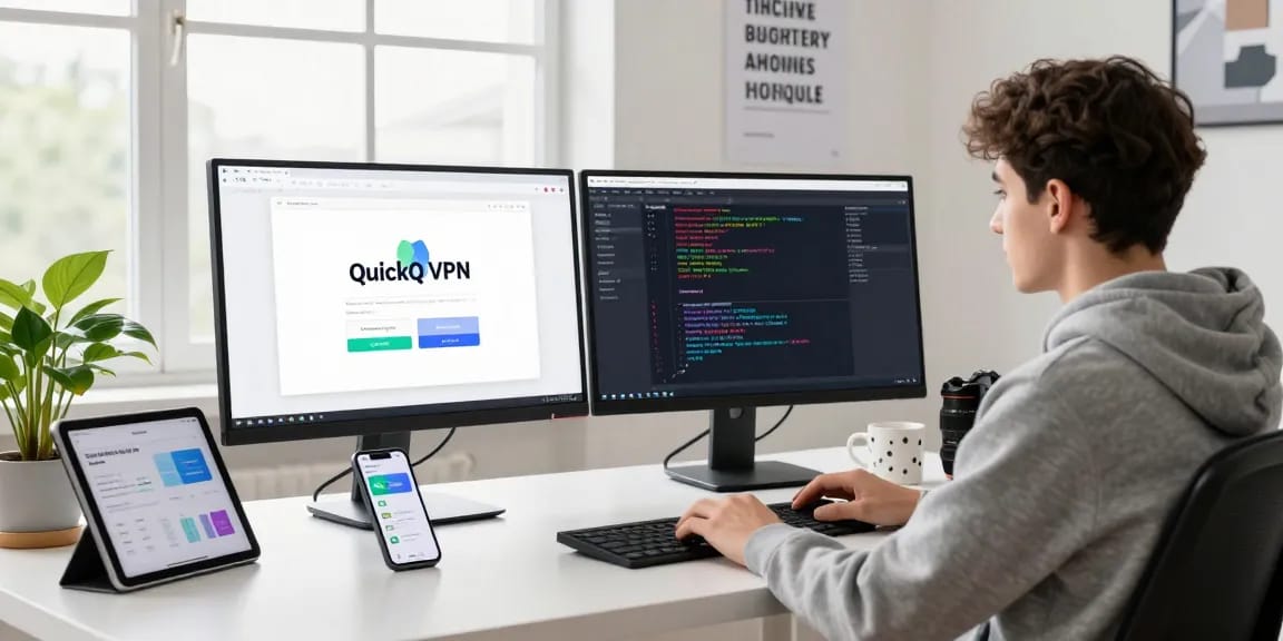 动态软件开发人员在现代工作区中使用QuickQ VPN,双屏显示器