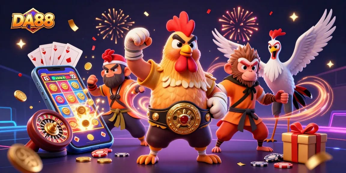 Experience the thrill of DA88 with vibrant characters and exciting casino elements in a dynamic 3D illustration.