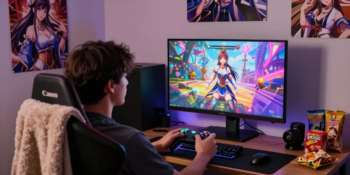 Engaged player enjoying hentaigames at a vibrant gaming setup with cozy atmosphere.