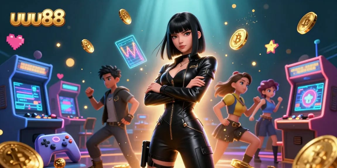 Experience thrilling gameplay with uuu88 as Asian woman showcases futuristic casino elements in dynamic 3D illustration.