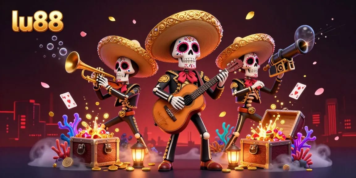Experience winning moments at lu88 with a vibrant 3D mariachi band surrounded by casino gems and cards.