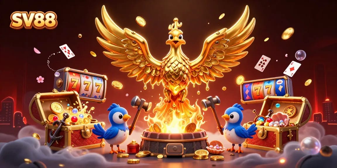 Experience the thrill of SV88 slots with golden phoenix and dynamic gaming elements in a vivid casino scene.