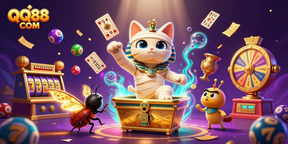 Experience excitement at QQ88 COM with the animated mummy cat and dynamic lottery elements!