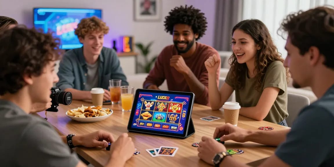 Friends enjoying the LUCK8 online casino experience with engaging game displays and vibrant atmosphere.