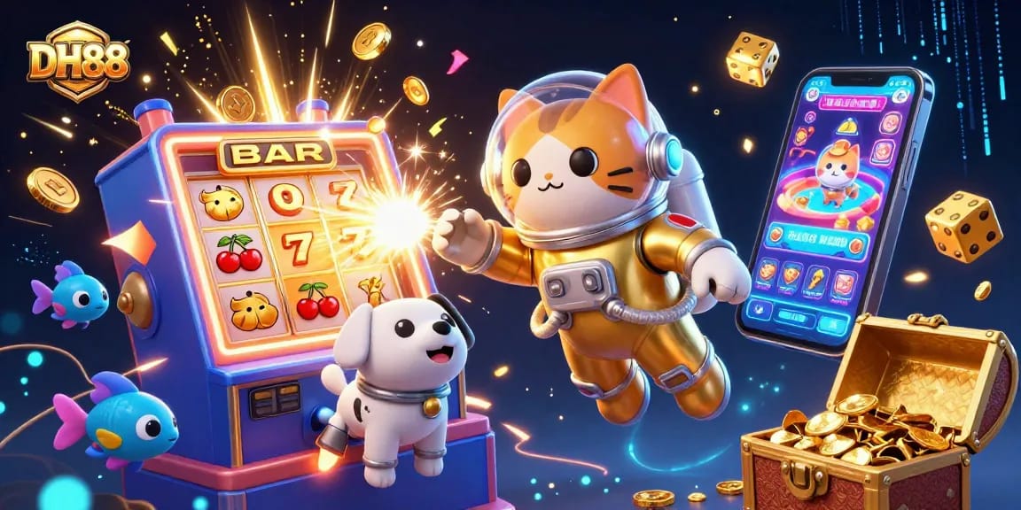 Dive into excitement at DH88, where cosmic coins burst from a slot machine with vibrant characters!
