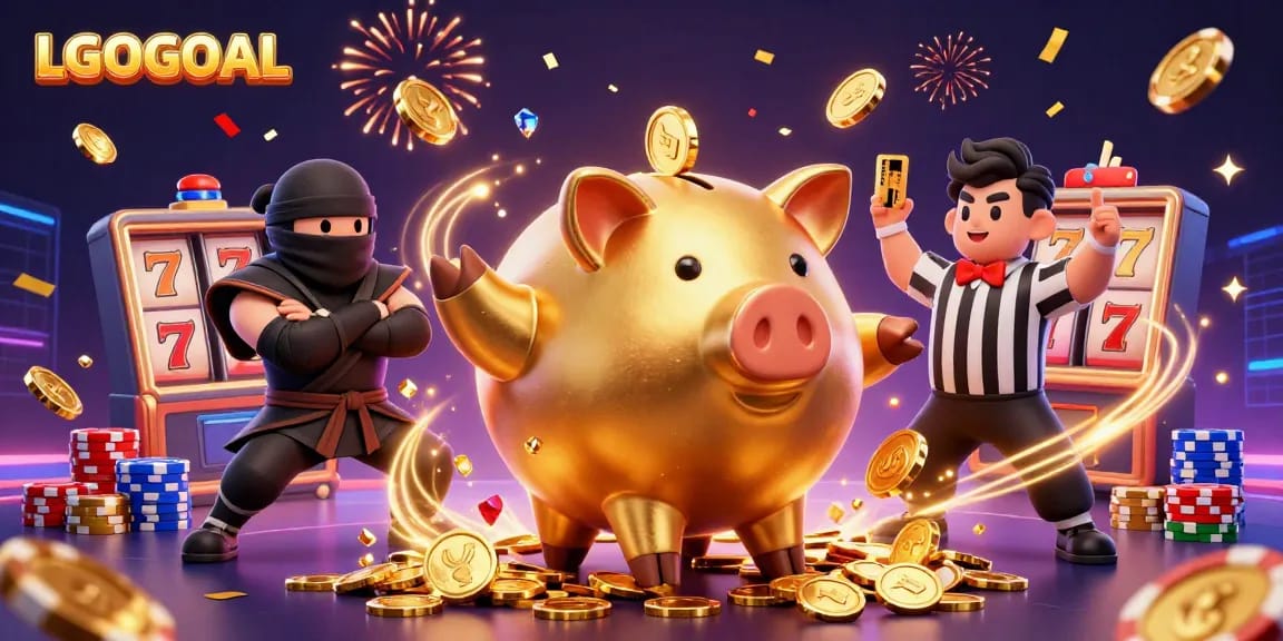 Engage with LGOGOAL's vibrant casino experience featuring the golden piggy bank character surrounded by exciting slot elements.