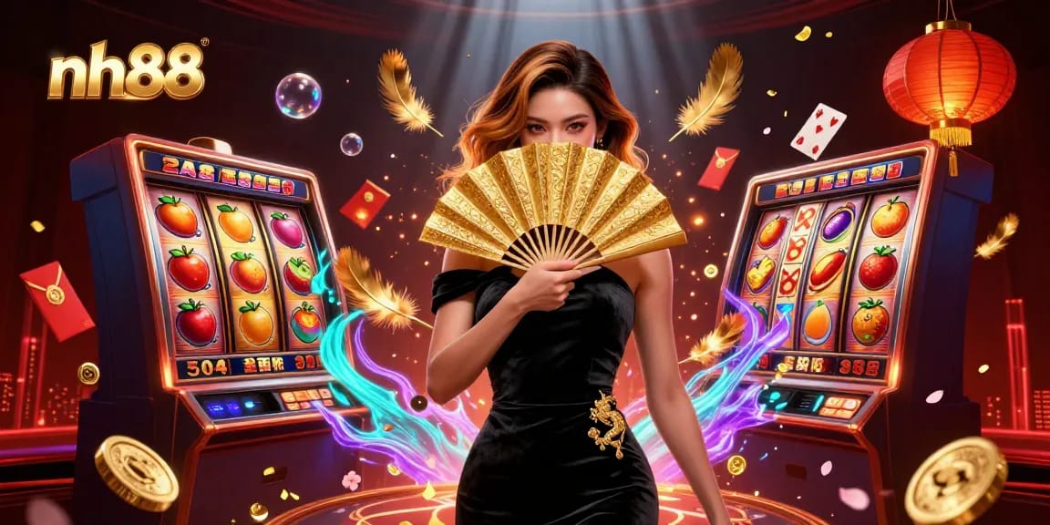Experience thrilling slots at nh88 with a stunning Asian dealer in a vibrant casino scene.