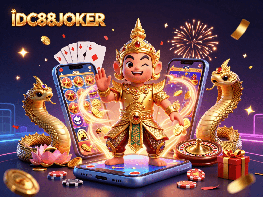 Experience IDC88JOKER's vibrant gaming atmosphere with a dynamic slot scene filled with excitement.
