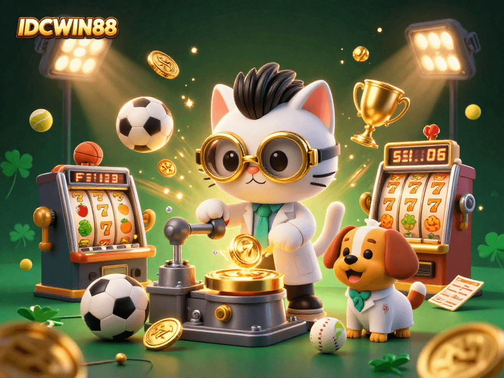 Bet on excitement with IDCWIN88 in a vibrant 3D scene featuring a cartoon mad scientist cat and dog creating gold coins.