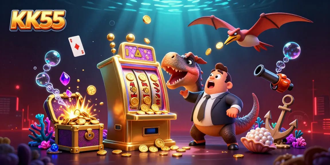 KK55 platform showcases a vibrant 3D casino scene with dynamic jackpot action and colorful gaming elements.