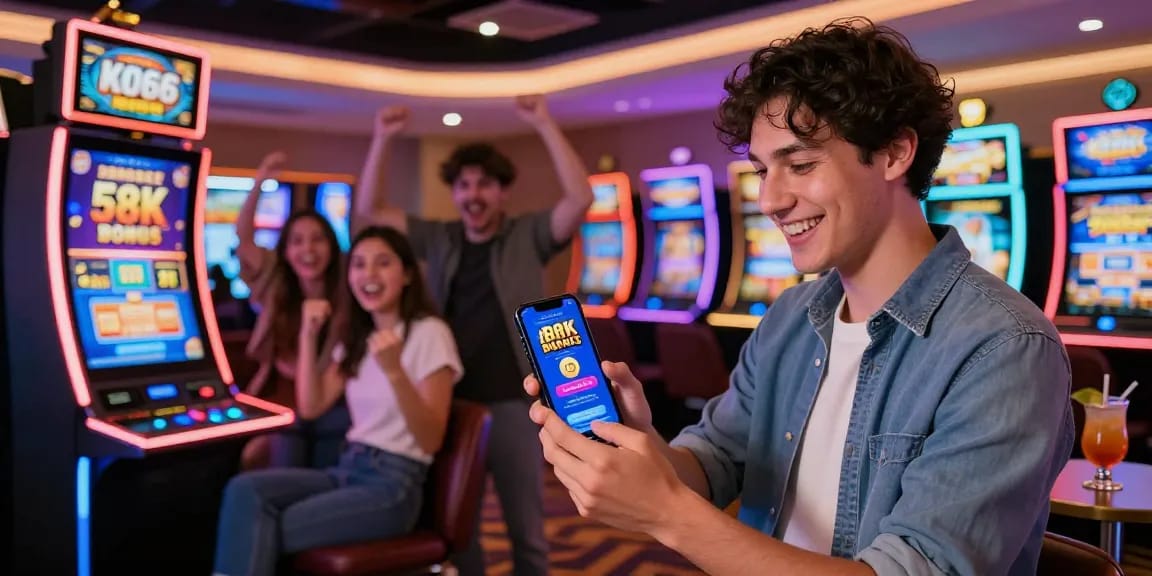 Excited user engaging with the KO66 app in a lively casino setting, showcasing promotional bonus.