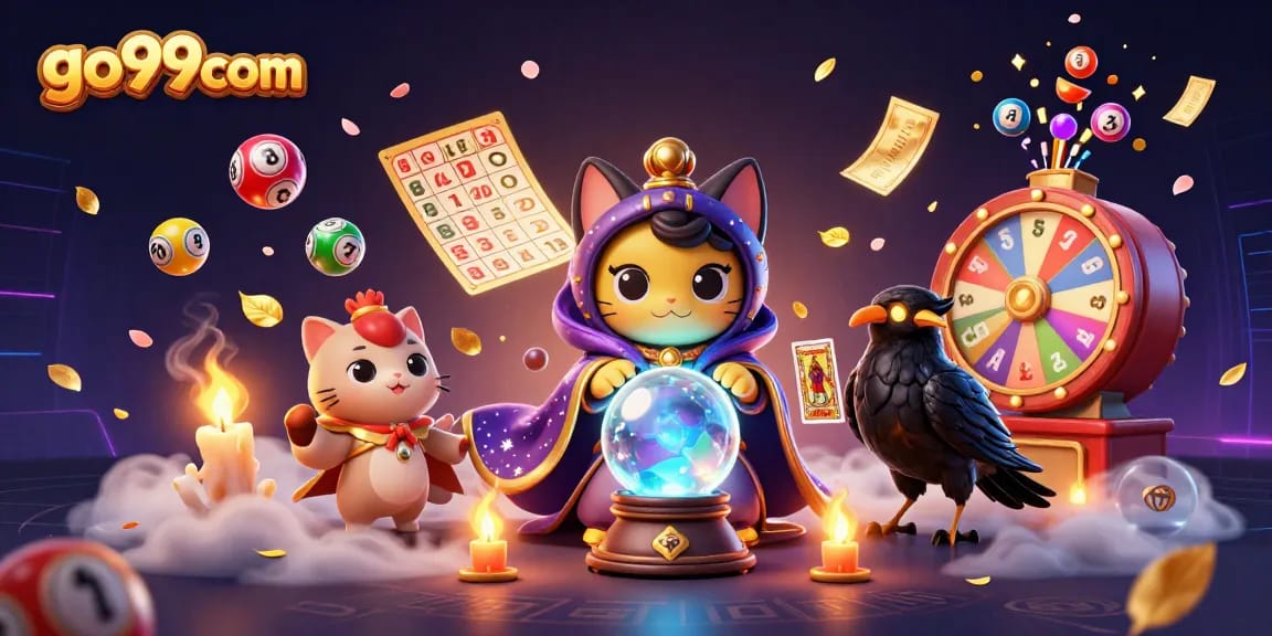 Join the excitement at go99com with a mystical adventure featuring a fortune teller cat and vibrant lottery elements.