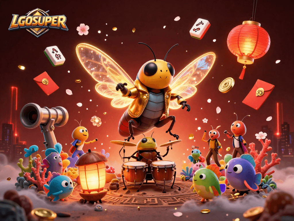 Engage with LGOSUPER's vivid fish shooting game scene featuring dynamic sea creatures and vibrant characters.