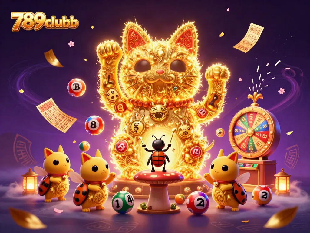 Engage with 789clubb's vibrant casino world featuring lively lottery elements and a waving lucky cat.