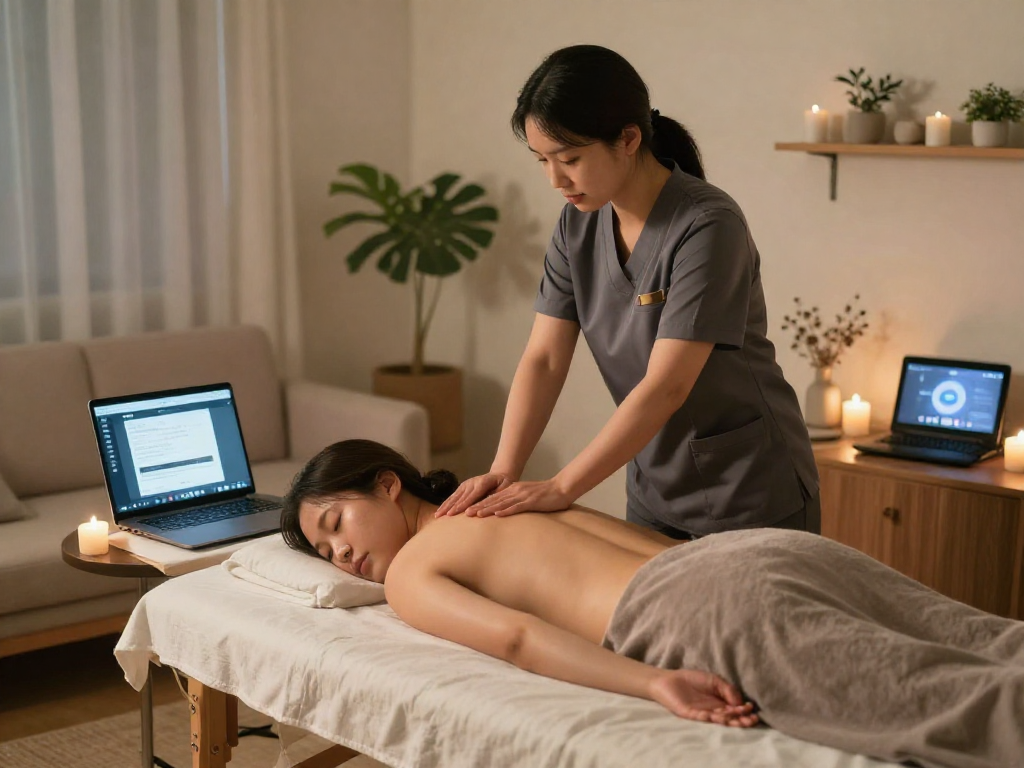 종로출장마사지 in a relaxing home setting as a professional therapist provides care to a client.