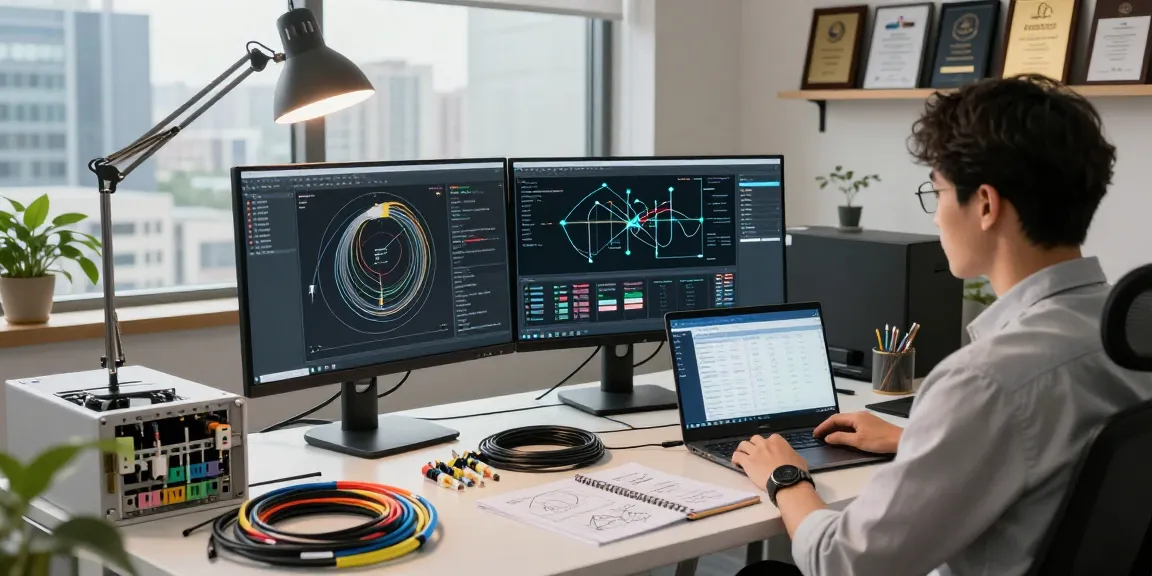 Professional engineer analyzing fiber cable schematic in a modern office