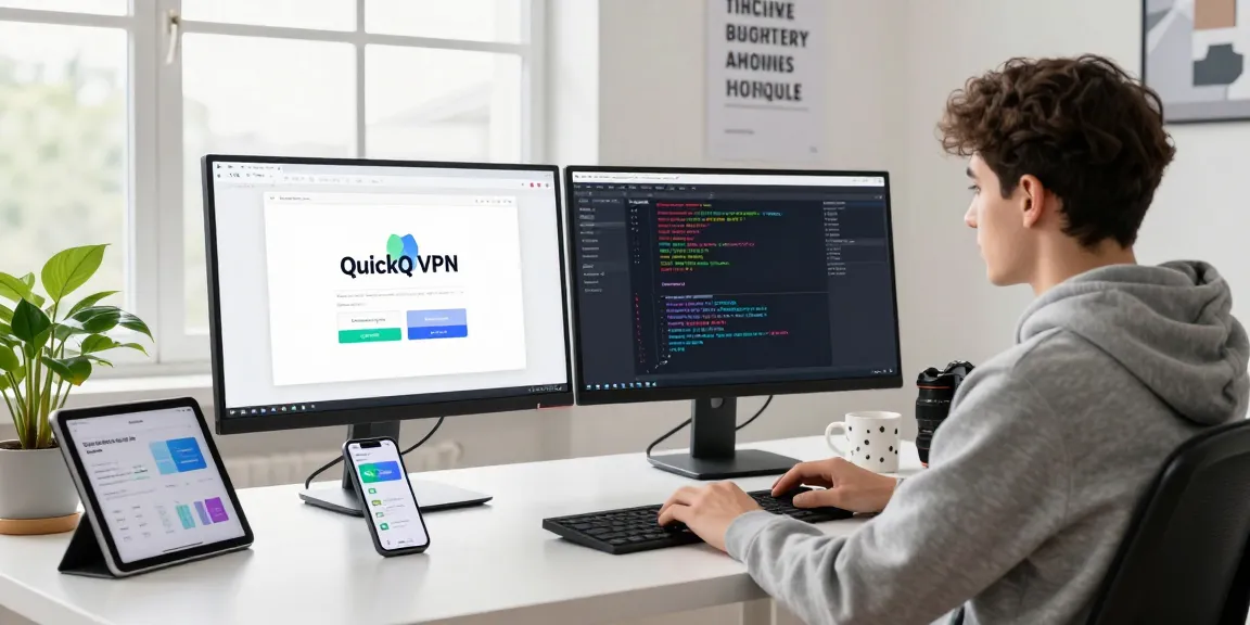 动态软件开发人员在现代工作区中使用QuickQ VPN，双屏显示器