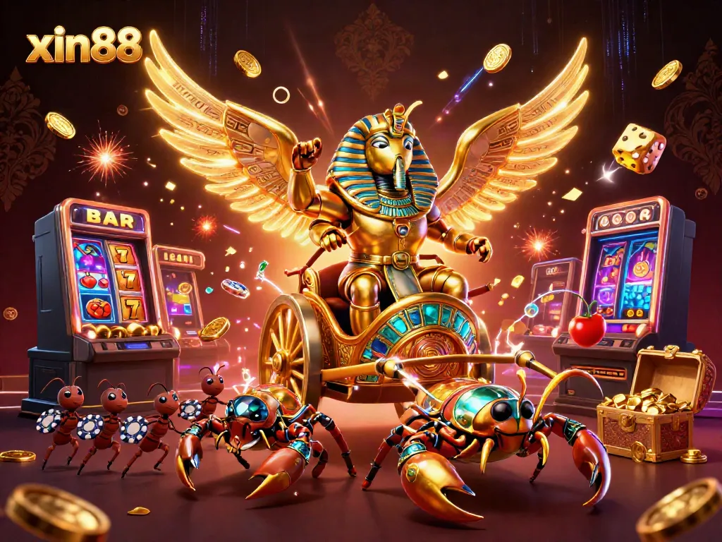 Experience thrilling wins at xin88 with a vibrant 3D casino scene featuring a golden scarab, slot machine, and poker chips.