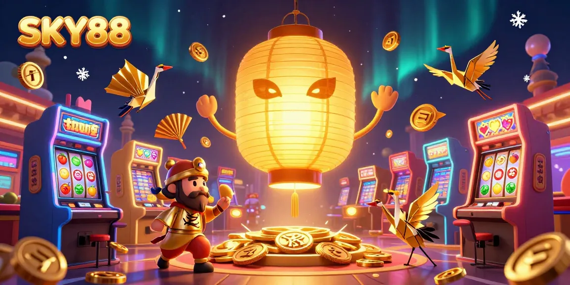 Engage with SKY88's vibrant casino atmosphere featuring golden lanterns, colorful slots, and arcade games.