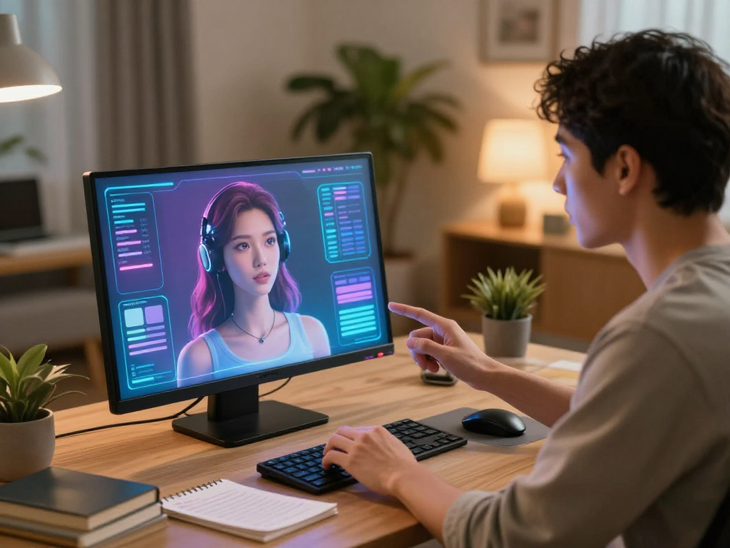 Engaging in AI sex conversation with a lifelike avatar in a tech-savvy home office.