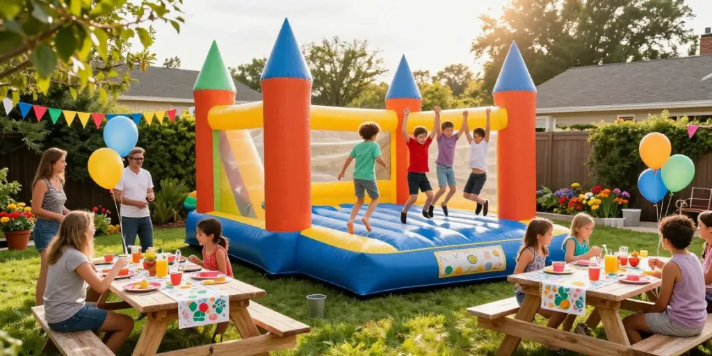 Children enjoying bounce houses at a lively summer party with colorful decorations
