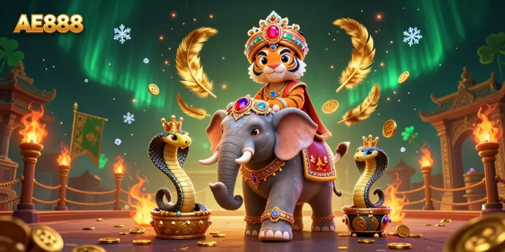 Engage with AE888 in a vibrant 3D casino scene featuring a regal tiger, elephant, and cobra surrounded by gold and gaming elements.