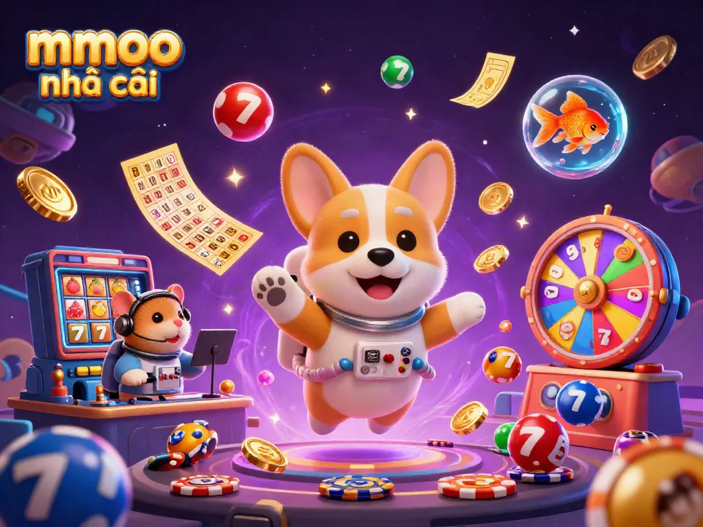Engage in the excitement at mmoo nhà cái with a vibrant casino scene featuring an astronaut corgi among floating gambling elements.