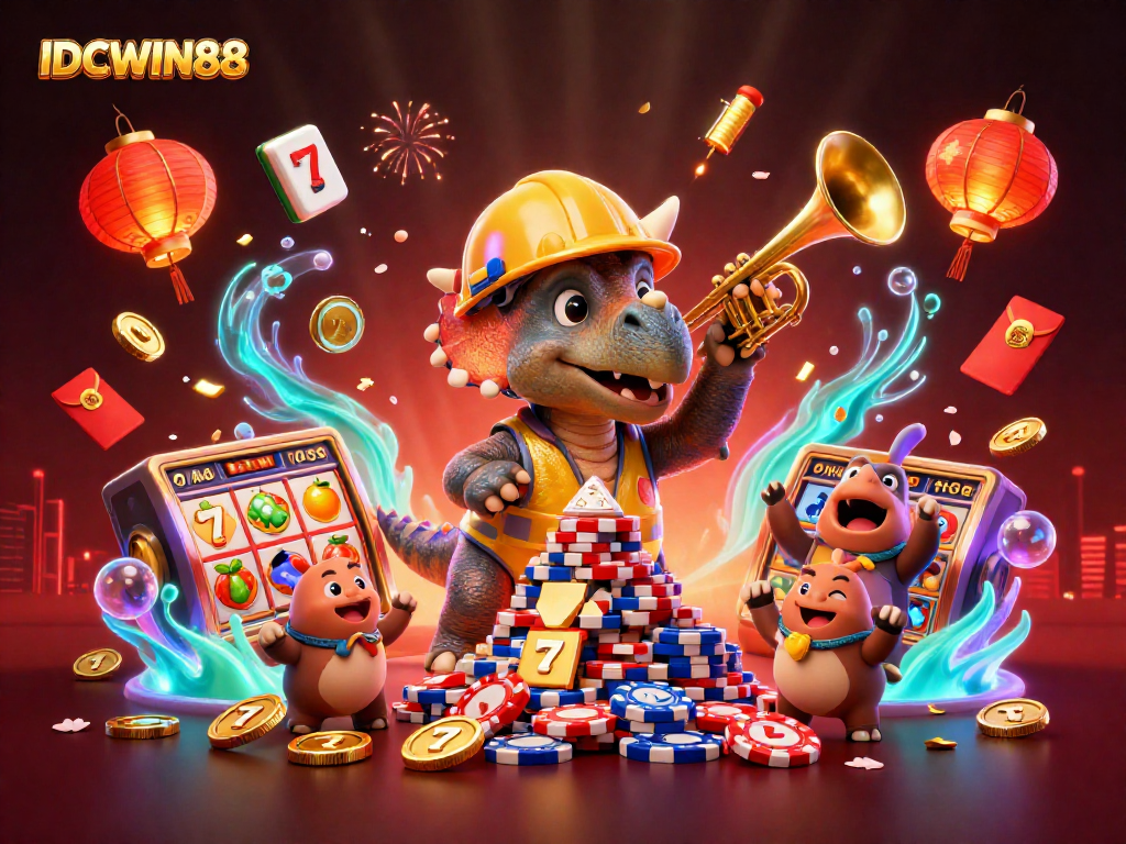Experience thrilling gameplay with IDCWIN88 as a 3D triceratops builds poker chips!
