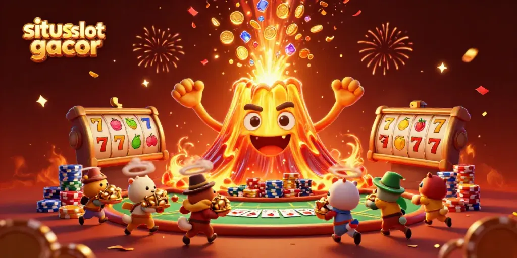 Experience situs slot gacor magic with a golden volcano erupting treasures in a vibrant casino scene.
