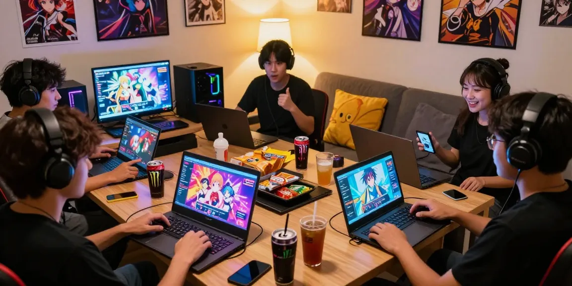 Enthusiastic gamers immersed in hentaigames and adult visual novels on various devices in a cozy room.