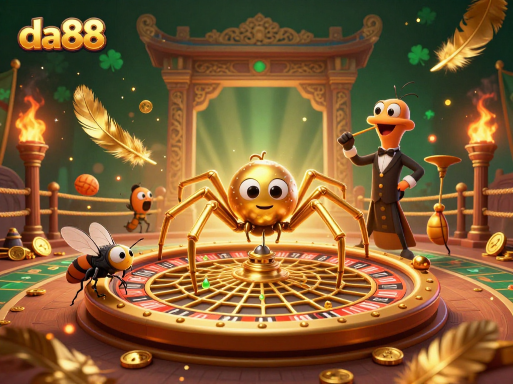 Experience thrilling bets at da88 with a vibrant roulette wheel web and lively characters.