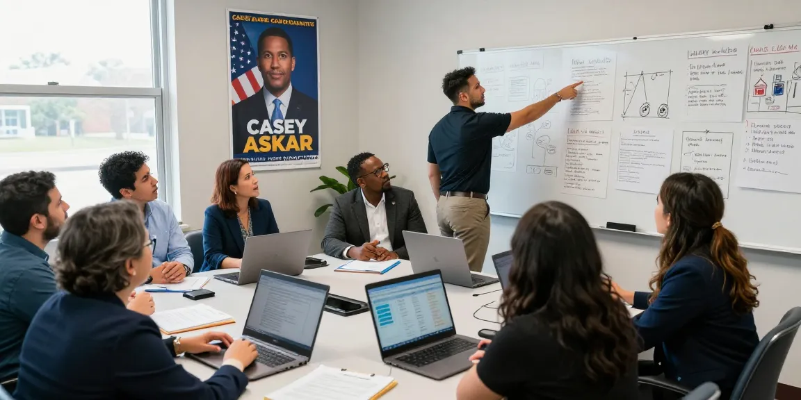 Campaign team analyzing Casey Askar's political record in a strategy meeting.
