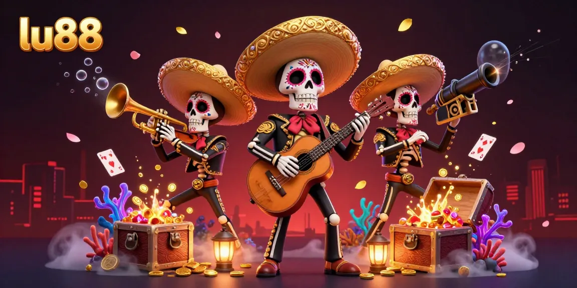 Experience winning moments at lu88 with a vibrant 3D mariachi band surrounded by casino gems and cards.
