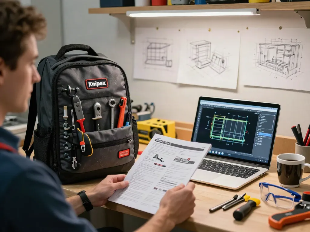 Knipex backpack showcased on a workbench, surrounded by tools and project sketches, emphasizing practicality and organization for tradespeople.