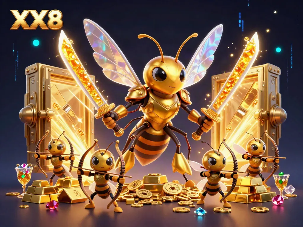 Experience the thrill of XX8 with our vibrant 3D illustration showcasing samurai hornets in a treasure-filled casino.